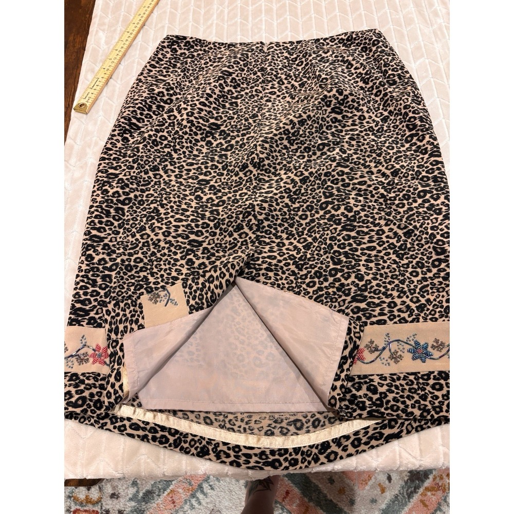 Vintage 90s Silk Club Skirt 14 Leopard Print Beaded Floral Boho Luxury Career - Picture 9 of 13